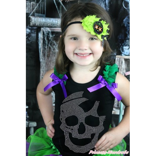 Halloween Black Tank Top Kelly Green Ruffles Dark Purple Bow & Sparkle Bling Rhinestone Skeleton Print TB930